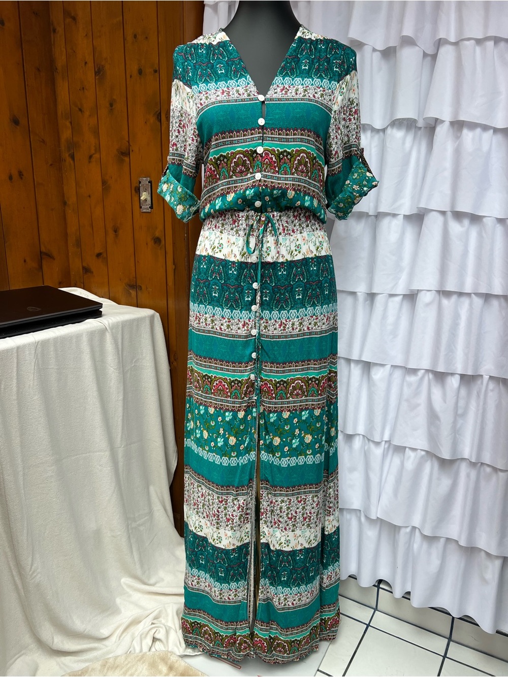 Teal Floral-Striped Boho Maxi Dress with Drawstring Waist